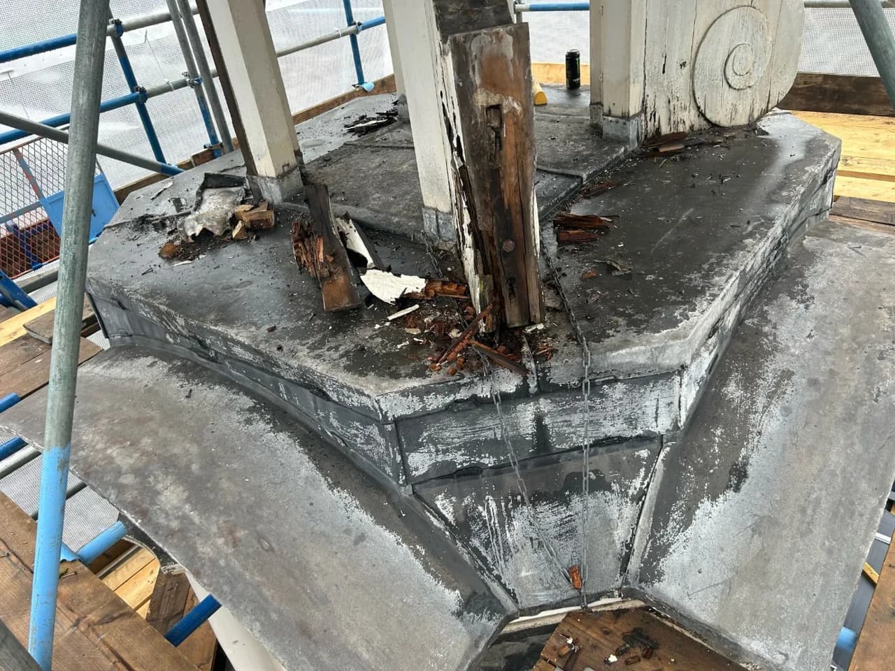 Decayed cupola timber and pinnacle base on the O2 Institute Digbeth before the restoration works began.