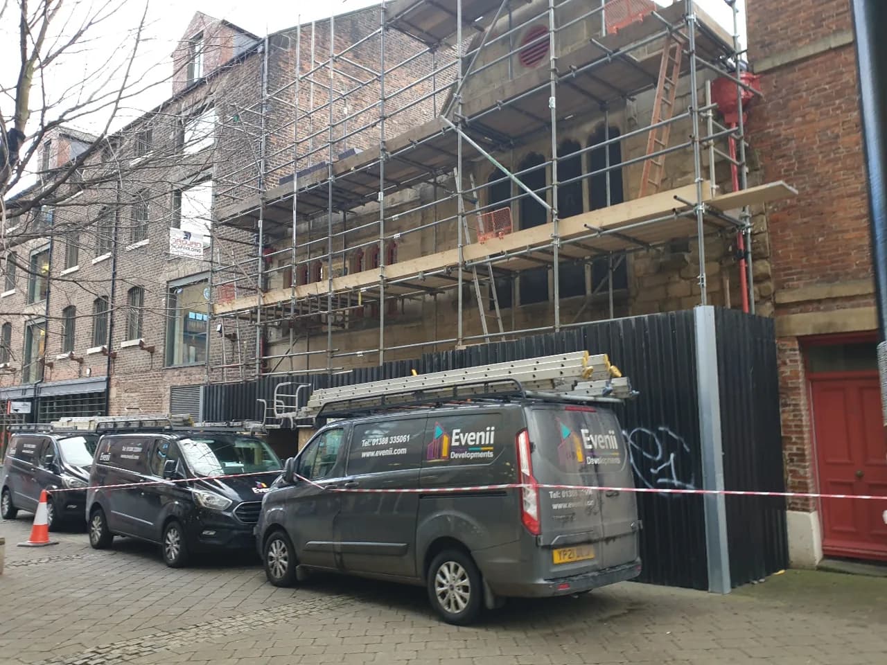 Evenii vehicle and scaffold access on the Newcastle Quayside heritage roofing project at Trinity House.