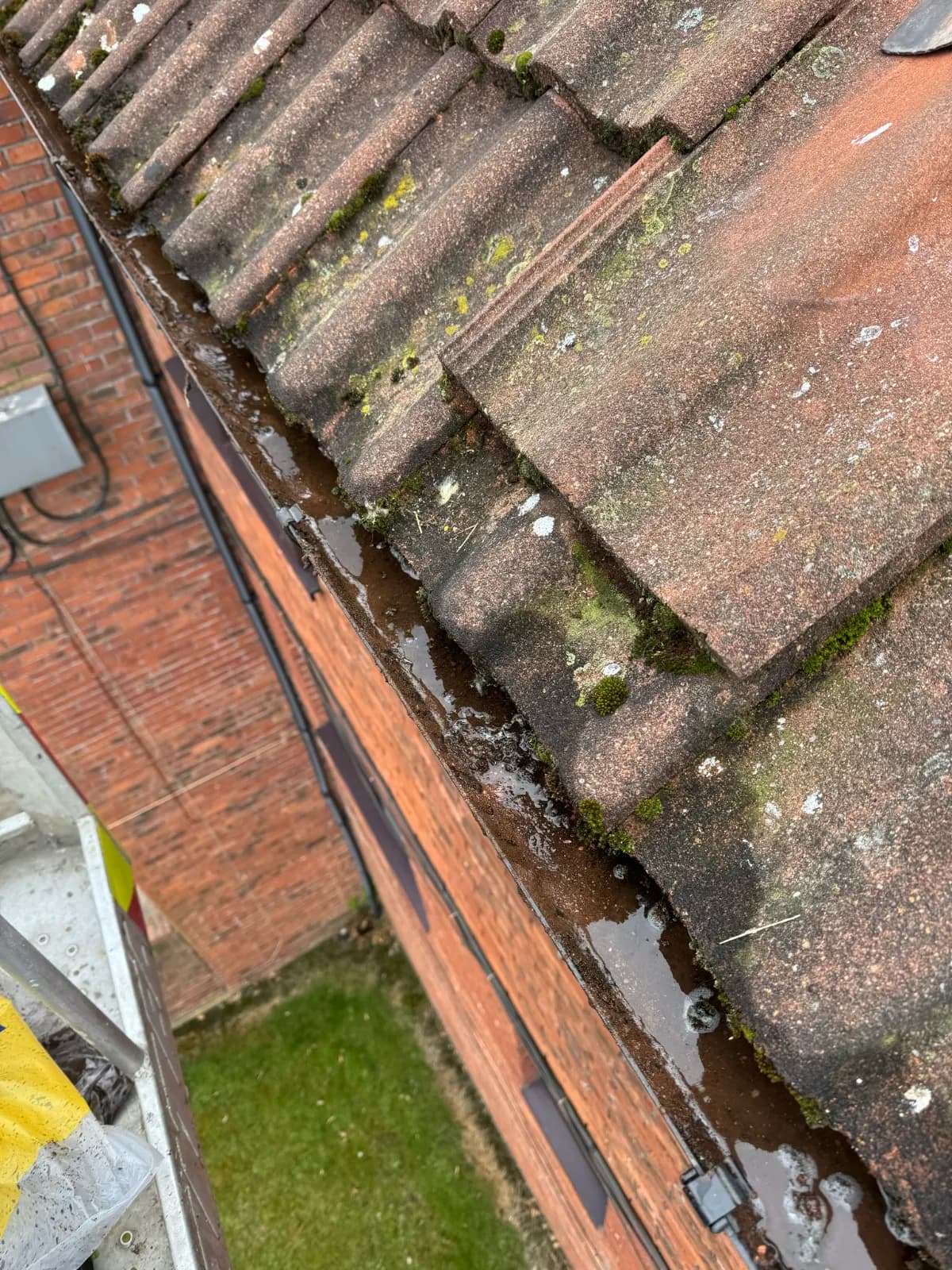 Moss-laden valley gutter mid-roof survey, pantile roof with weathered surface — planned preventive maintenance roofing County Durham